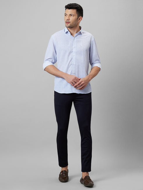 Mens White & Blue Opaque Printed Cotton Linen Full Sleeves Casual Shirt Full Sleeves