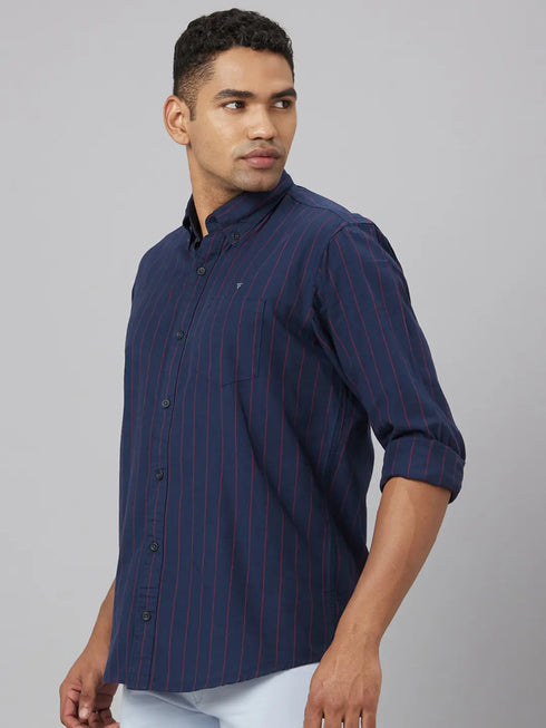 Men Blue Striped Sustainable Casual Shirt With Full Sleeves And Spread Collar