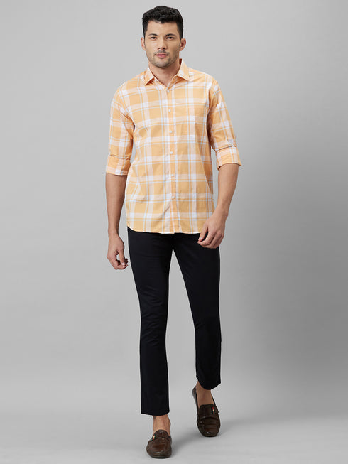 Mens Orange Checked Casual Shirt Full Sleeves With Spread Collar