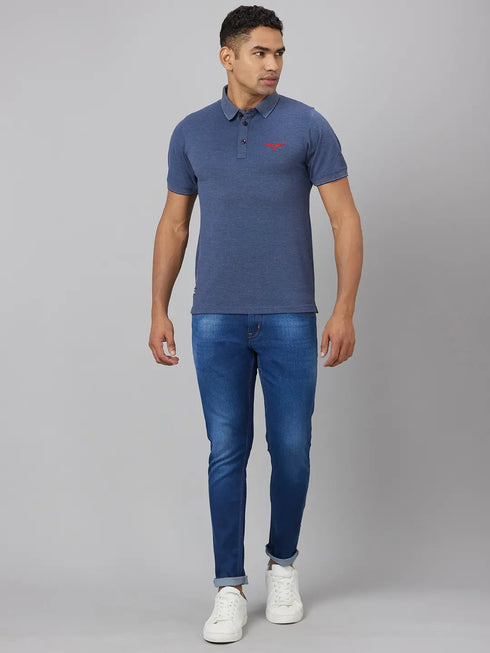 Men Blue Solid Lounge Casual T-Shirt With Printed Logo