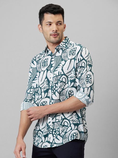 Mens White Abstract Printed Cotton Linen Casual Shirt With Spread Collar