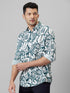 Mens White Abstract Printed Cotton Linen Casual Shirt With Spread Collar