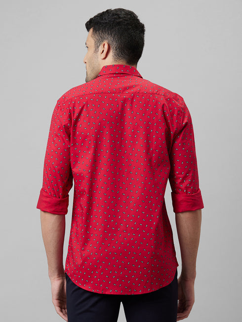 Mens Red Opaque Printed Spread Coller Cotton Linen Casual Shirt