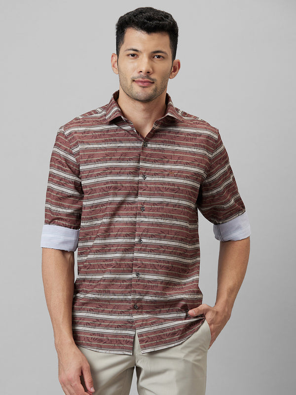 Mens Brown Horizontal Striped Cotton Linen Regular Fit Casual Shirt