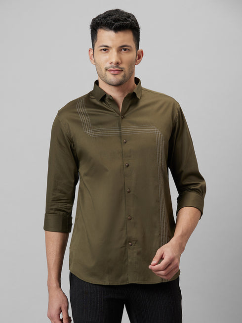 Mens Olive Green printed Spread Collar Cotton Linen Casual Shirt