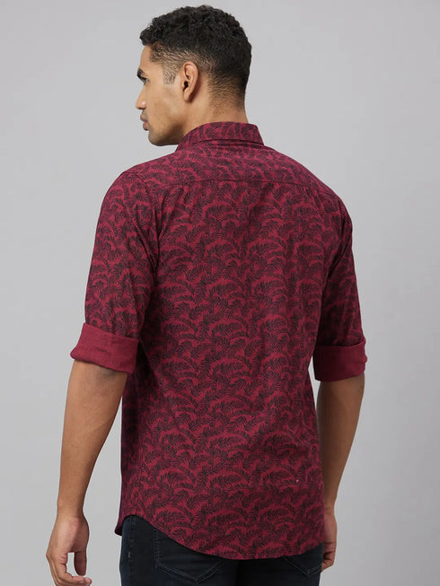 Mens Marron Floral Print Sustainable Casual Shirt With Full Sleeves