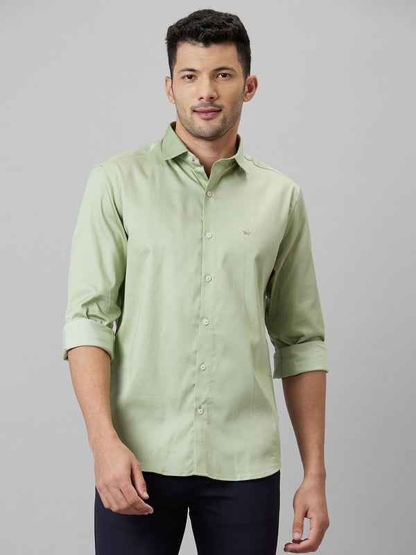 Mens Light Green Cotton Linen Opaque Spread Collar Casual Shirt