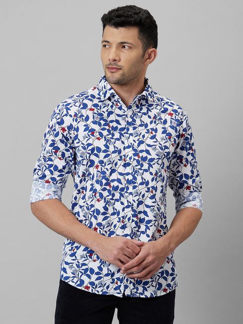 Mens White Floral Printed Spread Collar Cotton Linen Casual Shirt