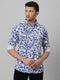 Mens White Floral Printed Spread Collar Cotton Linen Casual Shirt