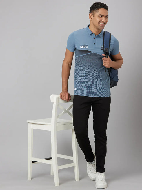 Men Blue Printed Sustainable Casual T-Shirt With Spread Collar