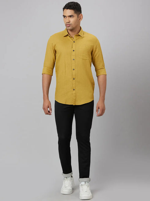 Men Mustard Solid Sustainable Casual Shirt With Spread Collar