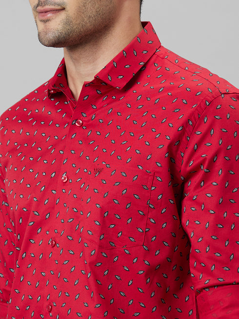 Mens Red Opaque Printed Spread Coller Cotton Linen Casual Shirt