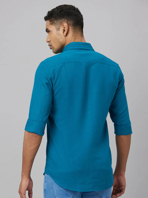 Men Teal Blue Solid Sustainable Casual Shirt Full Sleeves