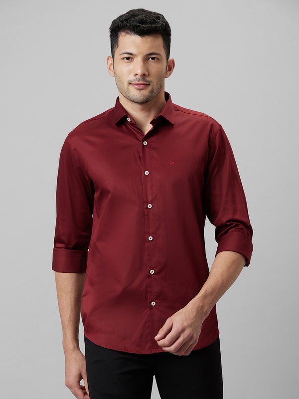 Mens Maroon Spread Collar Cotton Linen Regular Fit Casual Shirt