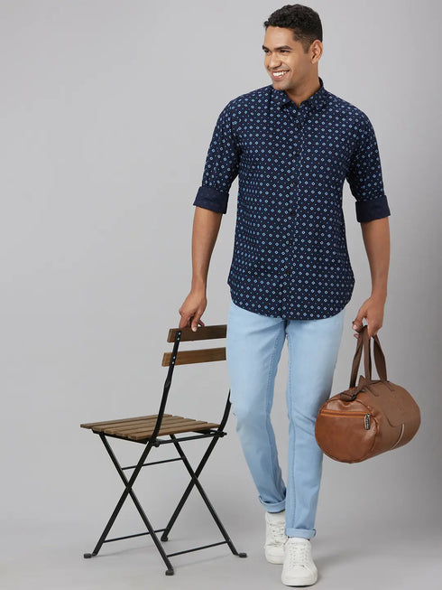 Men Blue Dot Printed Sustainable Casual Shirt With Spread Collar