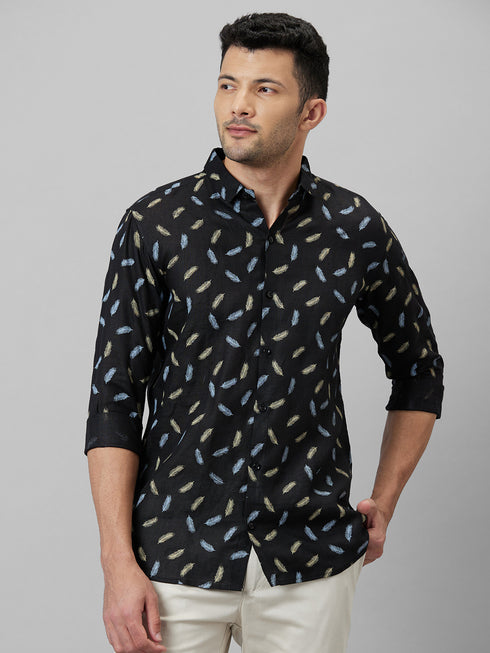 Mens Black Conversational Printed Cotton Linen Casual Shirt