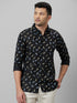 Mens Black Conversational Printed Cotton Linen Casual Shirt