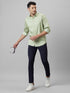 Mens Light Green Cotton Linen Opaque Spread Collar Casual Shirt