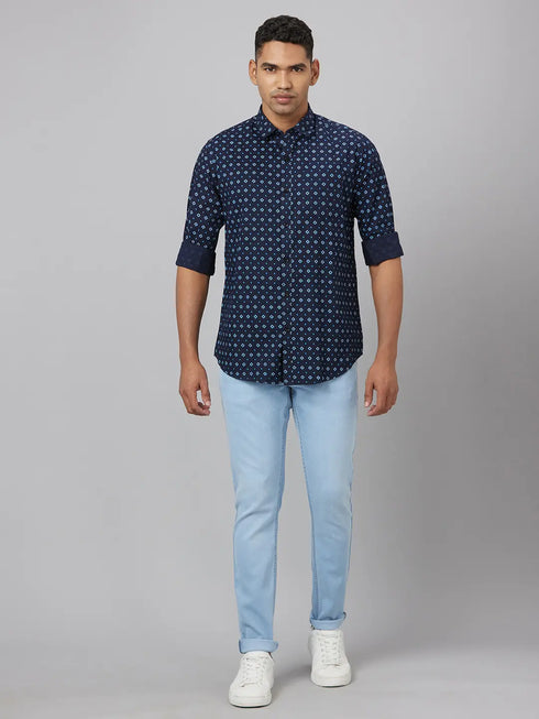 Men Blue Dot Printed Sustainable Casual Shirt With Spread Collar