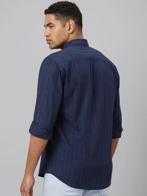 Men Blue Striped Sustainable Casual Shirt With Full Sleeves And Spread Collar