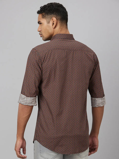 Men Coffee Brown Printed Sustainable Casual Shirt With Spread Collar And Full Sleeves