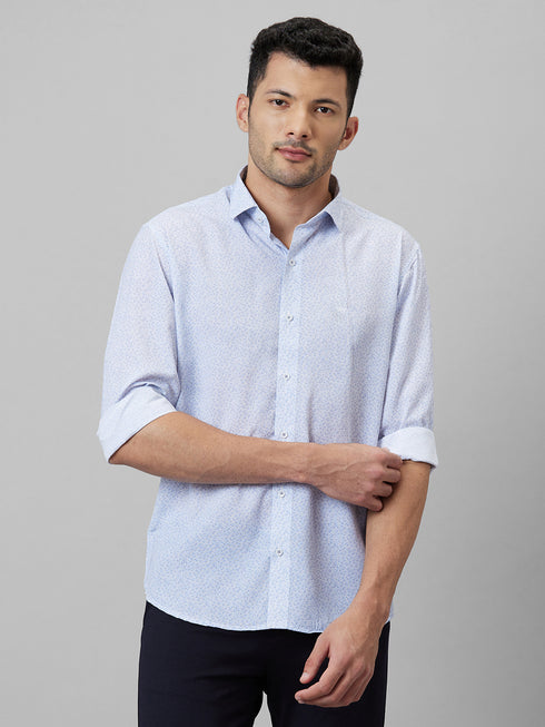 Mens White & Blue Opaque Printed Cotton Linen Full Sleeves Casual Shirt Full Sleeves