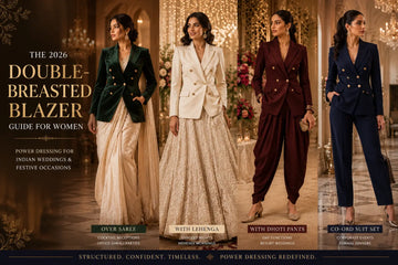Four women wearing luxury double-breasted blazers styled with saree, lehenga, dhoti pants and co-ord suit showcasing Indo-Western power dressing trends for Indian weddings in 2026