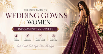 Elegant Indo-Western wedding gown for women in a luxury wedding setting, showcasing 2026 wedding gown trends for sangeet, reception and cocktail events.