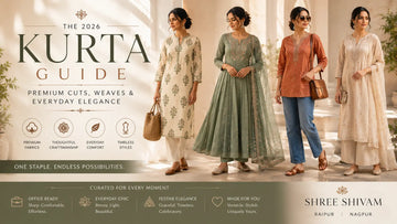 Modern Indian women wearing elegant 2026 kurta styles including Anarkali, straight-cut and casual short kurtas in premium cotton and festive fabrics.