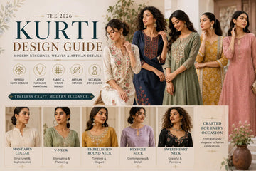 2026 modern kurti design guide banner featuring different neckline styles, artisan embroidery, pastel ethnic kurtis, and diverse female fashion models by Shree Shivam