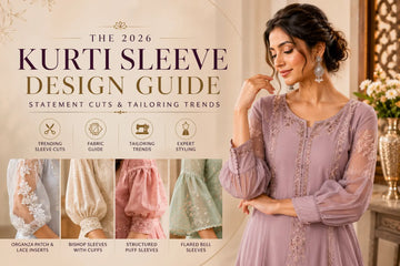 Elegant women’s kurti sleeve design trends for 2026 featuring puff sleeves, bishop sleeves, and organza detailing in premium ethnic fashion styling.