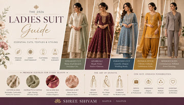 Modern Indian women wearing elegant ladies suit designs for 2026 featuring straight-cut suits, Anarkali styles and Pakistani ethnic wear by Shree Shivam.