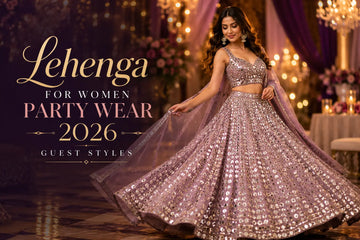 Modern Indian party wear lehenga for women featuring lightweight mirror-work and sequin festive styles for 2026 wedding guest fashion.