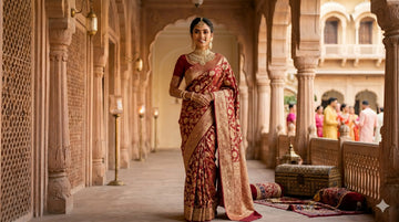 Pure Banarasi Silk Wedding Saree for Bride with Heavy Gold Zardosi Floral Jaal Weave - 2026 Signature Collection by Shree Shivam