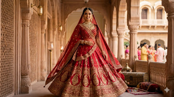 Latest 2026 Bridal Lehenga Design in Royal Red with Antique Gold Zardosi Thread Work - Shree Shivam Signature Wedding Collection