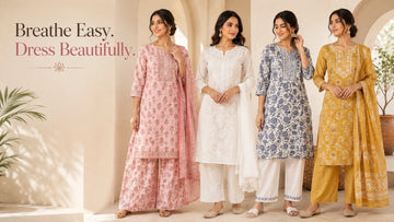 Premium cotton kurti for women featuring pink, white Chikankari, blue floral, and mustard yellow ethnic cotton kurti sets for comfortable daily wear in 2026.