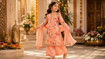 Young girl wearing elegant festive kurta set, smiling during indoor cultural celebration, kids ethnic wear for wedding and contest 2026