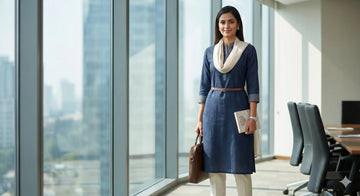 Professional woman wearing a navy blue tailored kurti set with trousers in a modern office boardroom setting.