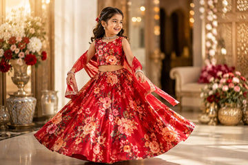 Smiling young girl in red floral lehenga twirling in festive indoor decor, elegant kids ethnic wear for wedding celebration 2026