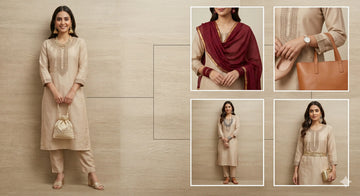 5 elegant ways to style the Shree Shivam Beige Kurti Set with Kardana Work, including a contrast dupatta look and an evening glam look.