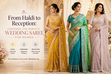 Wedding sarees for women featuring designer organza, silk and Banarasi styles for Haldi, Sangeet and Reception at Shree Shivam in Raipur and Nagpur.