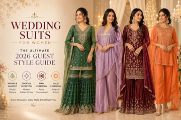 Wedding suits for women featuring designer Sharara, Kaftan, embroidered kurta and festive cape sets for Mehndi, Haldi, Sangeet and Reception at Shree Shivam Raipur and Nagpur.