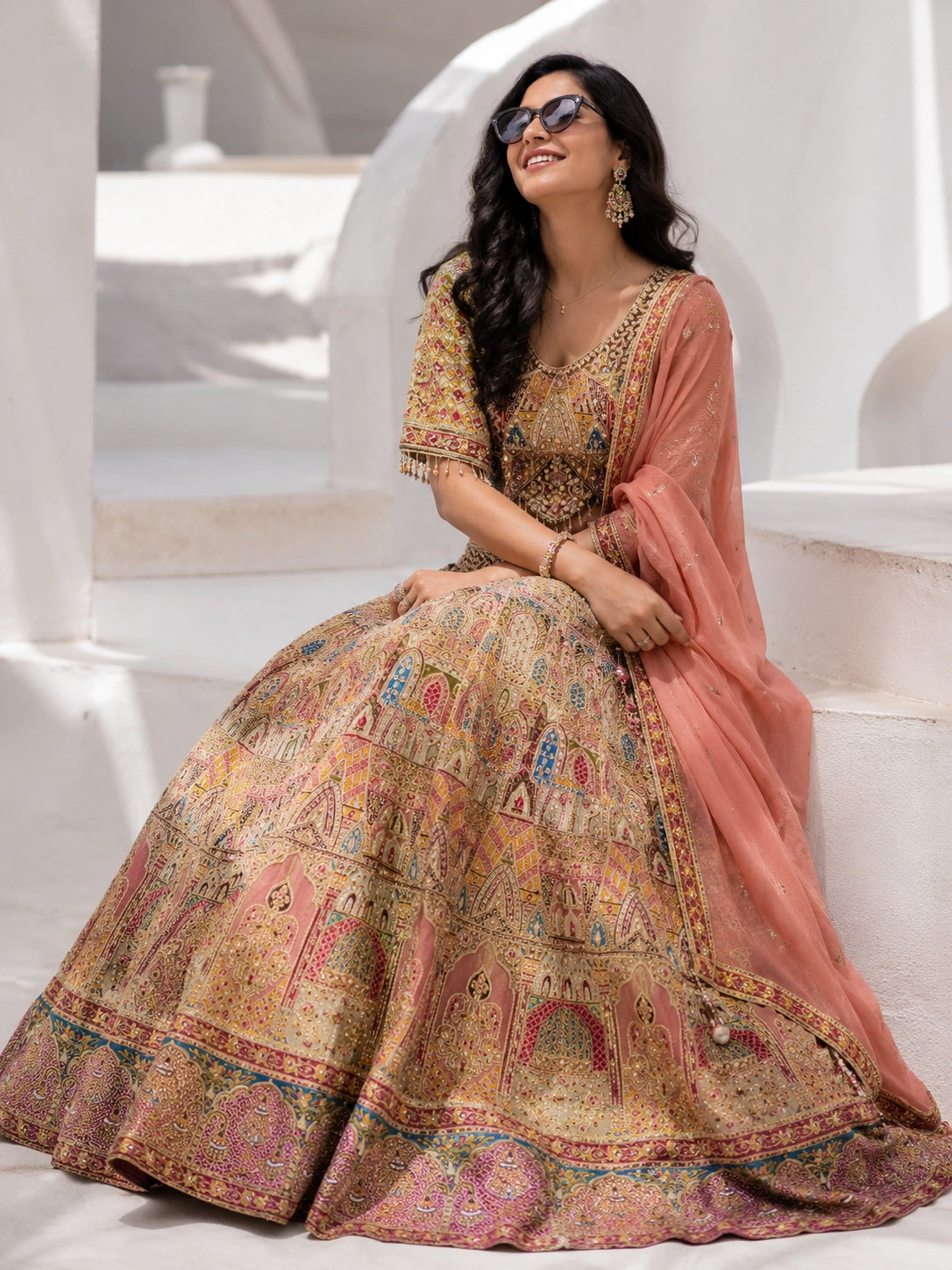 Cream Designer Bridal Lehenga with Peach Dupatta | Luxury Wedding Lehenga