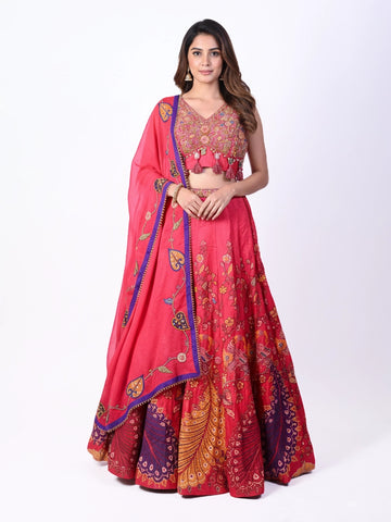 rani embroidered lehenga choli for women with dupatta and heavy floral design festive wedding wear
