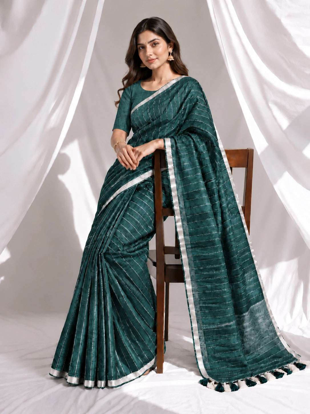 Striped Woven Saree with Metallic Border & Tassel Pallu | Elegant Ethnic Saree