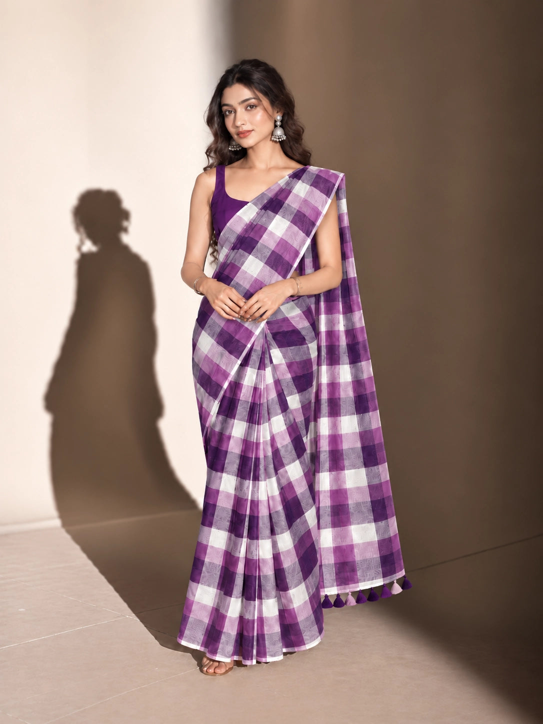 Designer Woven Saree with Checks Pattern & Elegant Tassel Border
