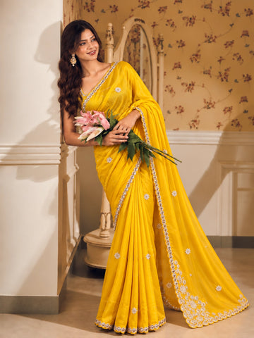 Mustard Embroidered Saree with Elegant Lace Border