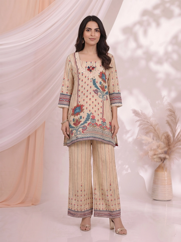 Cream Printed Co Ord Set for Women with Floral Design