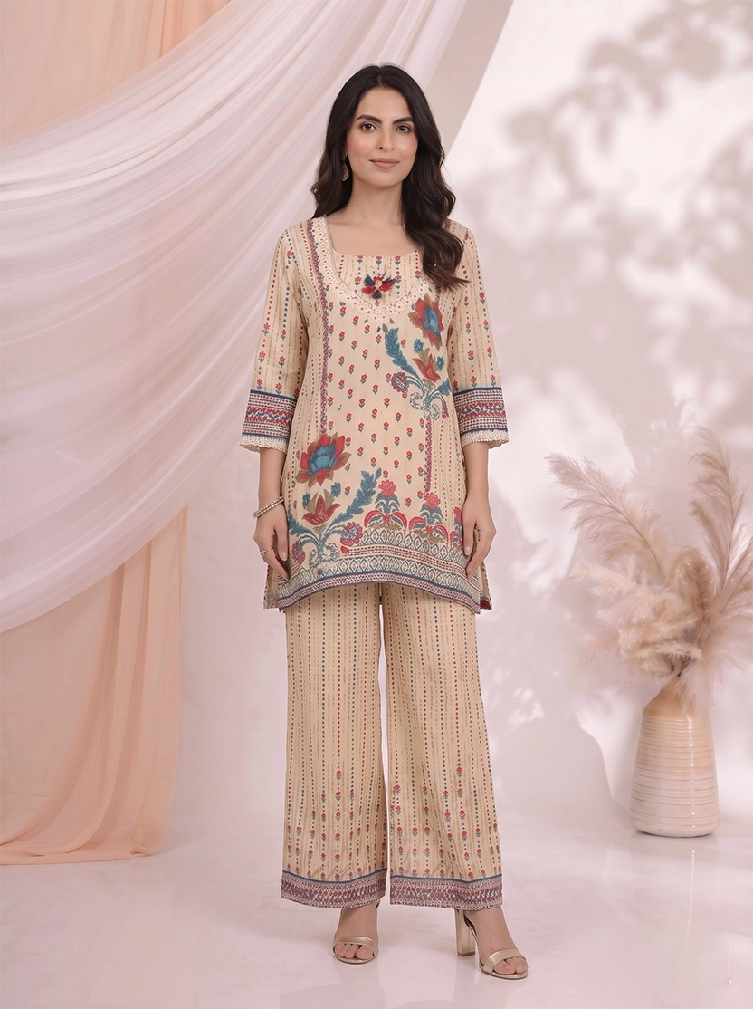 Cream Printed Co Ord Set for Women with Floral Design