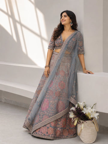Grey Floral Woven Lehenga Set with Embroidered Blouse & Soft Net Dupatta